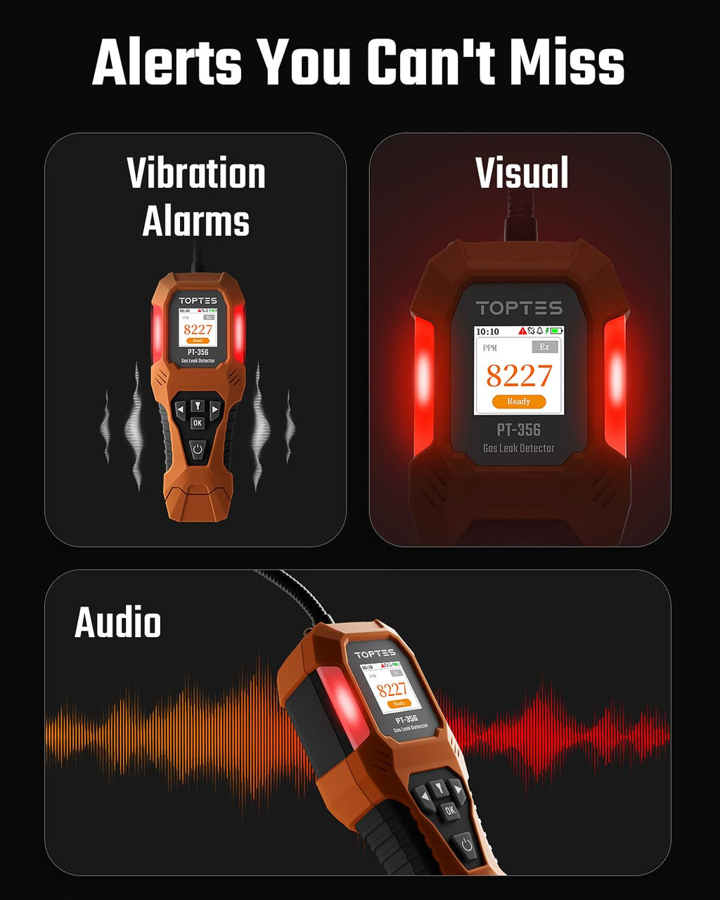 TopTes PT-356 Rechargeable Natural Gas Detector with 10 inch Goose Neck, Detection Range 0-20% LEL, 3 Alarm System Gas Leak Detector with 2 Display Modes for Methane, Butane at Home or Industry