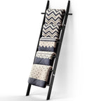 chilinii Farmhouse Wooden Blanket Ladder with Removable Hooks, 6-Tier Rustic Blanket Rack Decorative Stand, Leaning Towel Quilt Display Holder Storage for Bathroom Living Room Decor Black
