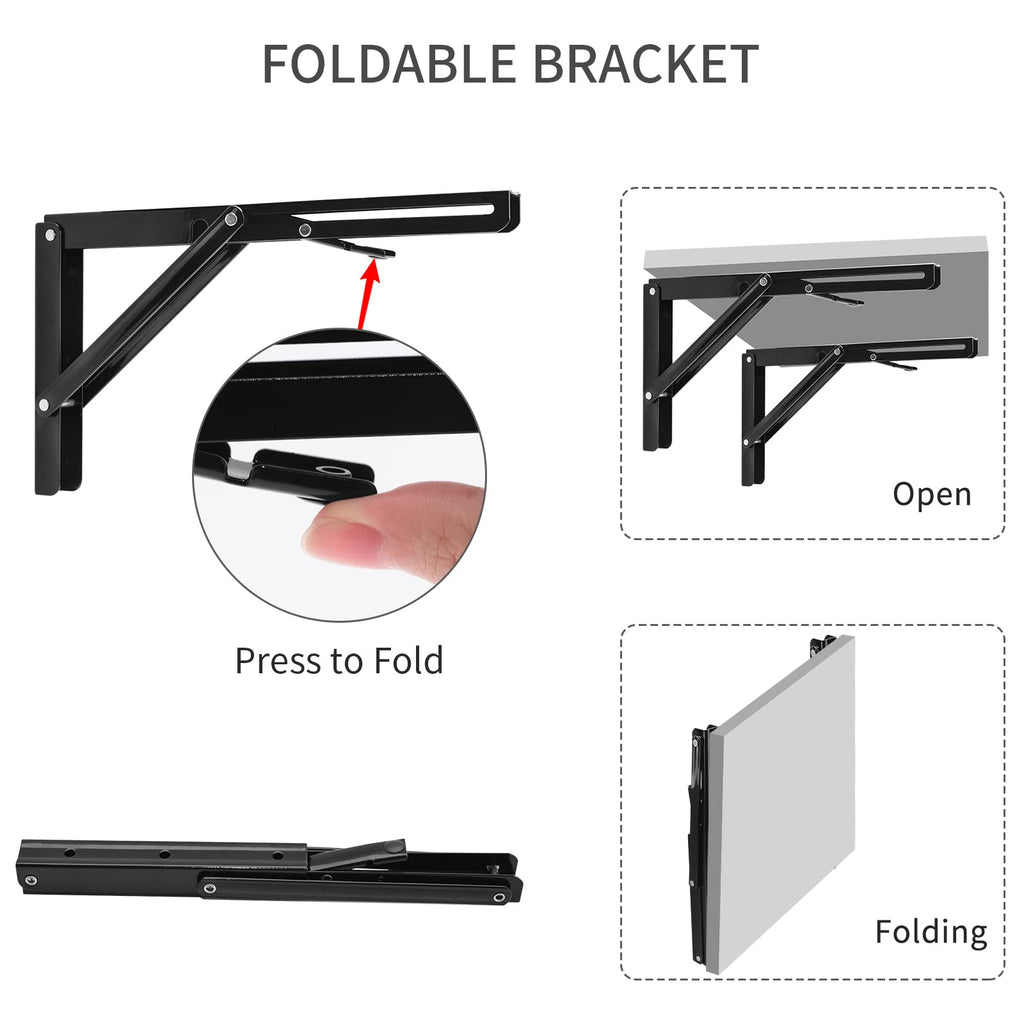 YUMORE Folding Shelf Brackets, 14 Inch Heavy Duty Collapsible Shelf Bracket, Black DIY L Bracket for Workbench Folding Table Hinge, Max Load: 330lb, 2 Pack