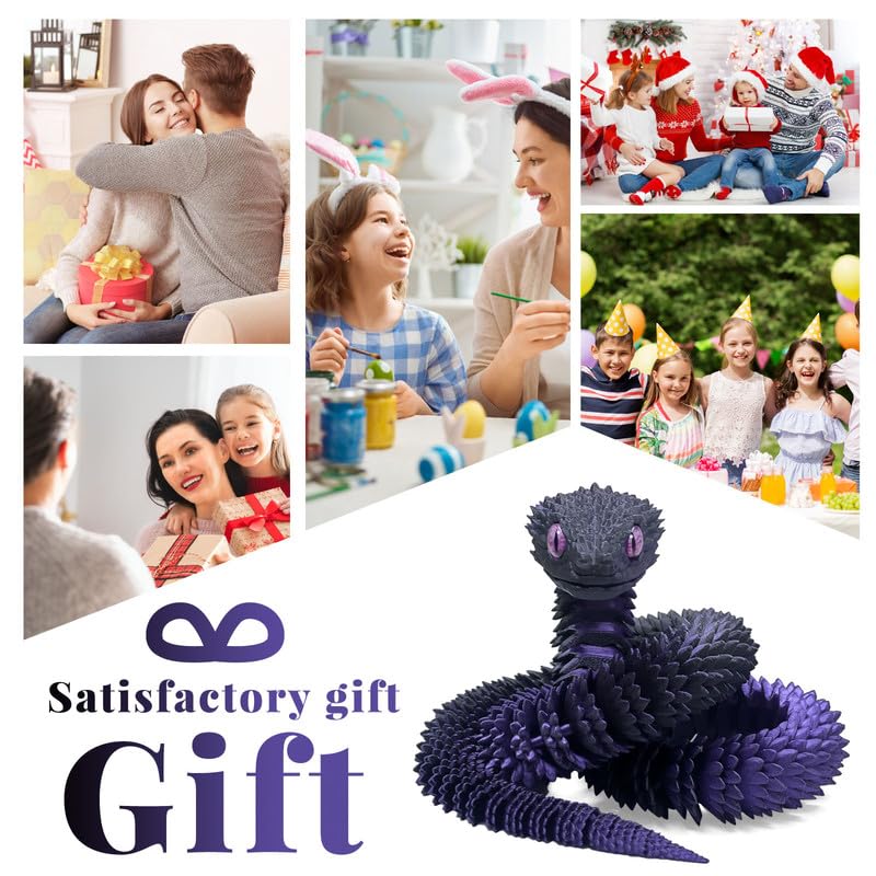 30 Inch 3D Printed Snake - Movable Articulated Snake, Perfect 3D Printed Animals for Educational Toys! Must-Have Toys for Kids and Collectors, Home Office Executive Desk Decor (Black Purple)