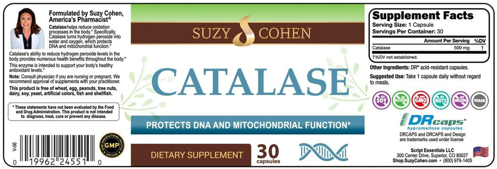 Script Essentials Suzy Cohen Catalase 12,500 CATu Dietary Supplement, Liver Enzyme, Neutralizes Hydrogen Peroxide, Supports Skin, Hair, and Overall Wellness, 30 Delayed-Release Capsules
