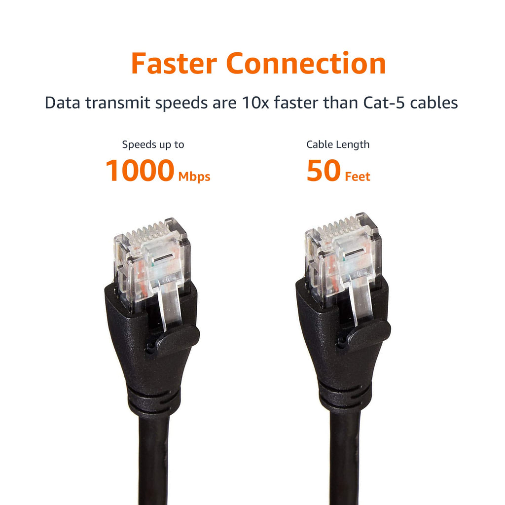 Amazon Basics RJ45 Cat-6 Ethernet Patch Internet Cable, 1Gbps Transfer Speed, Gold-Plated Connectors, 50 Foot, for PC, TV, Tablet, Router, Printer, Black