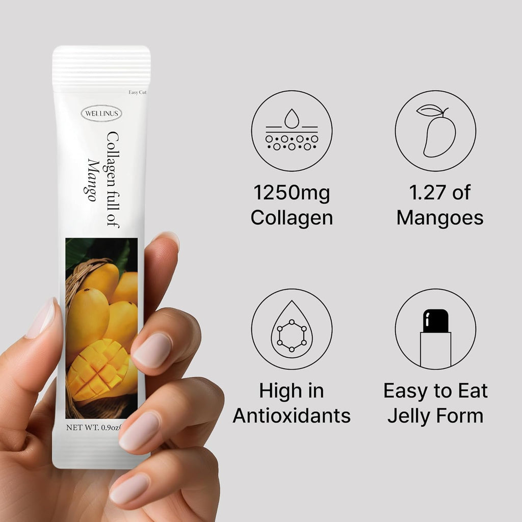 Korean Collagen Jelly Sticks - 25 Mango Flavored Marine Collagen Peptide Snacks for Anti-Aging- Collagen Protein Sugar-Free, Travel Packs for Hair & Nail Strength
