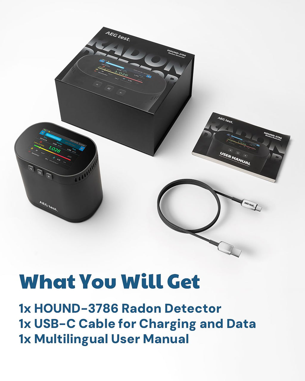 AEGTEST HOUND-3786 Radon Detector for Home, 10-Min Update, 3.5" Large Display, Long-Term Radon Monitoring with Data Charts, PDF Export, Audible & Visual Alarm, pCi/L & Bq/m³ -Black