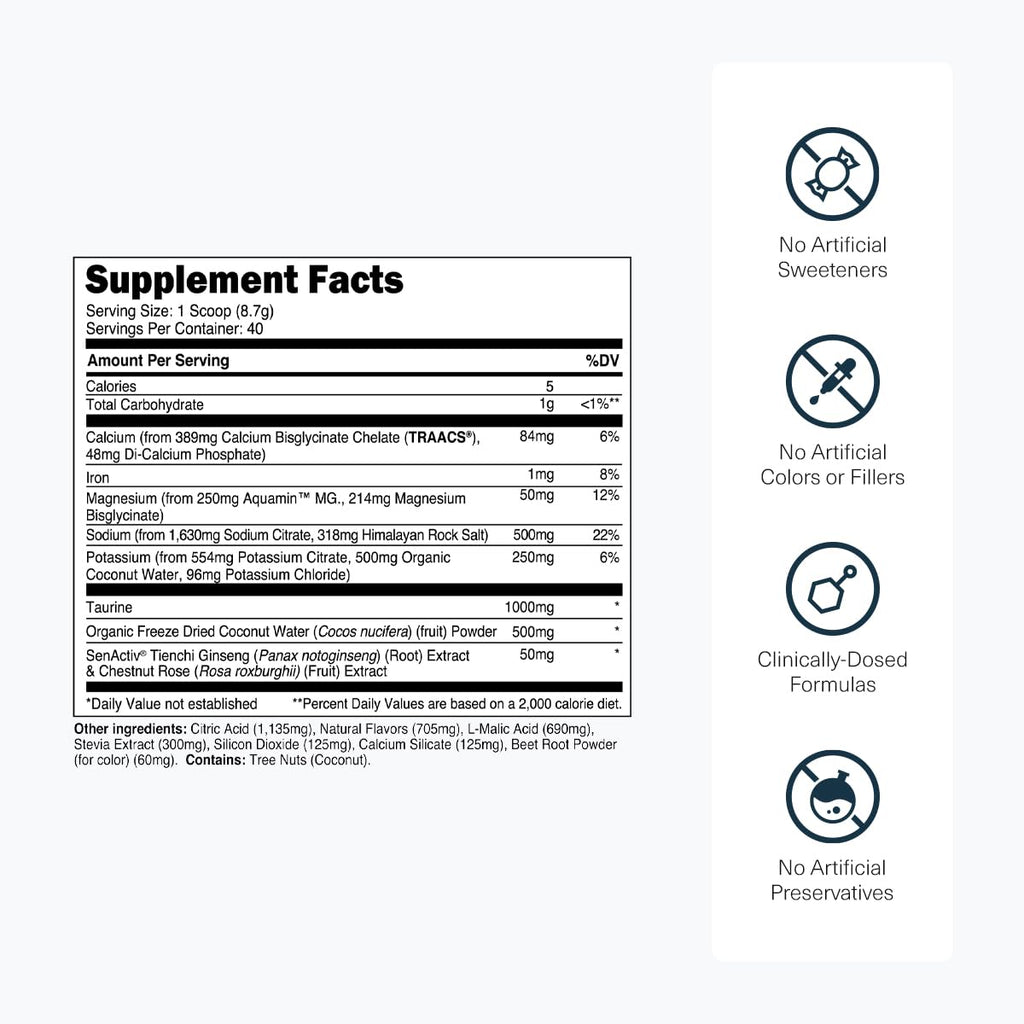 Transparent Labs Hydrate Sugar Free Electrolytes Powder - Hydration Powder Electrolytes with Coconut Water, Calcium, Taurine, & Potassium - 40 Servings, Raspberry Lemonade