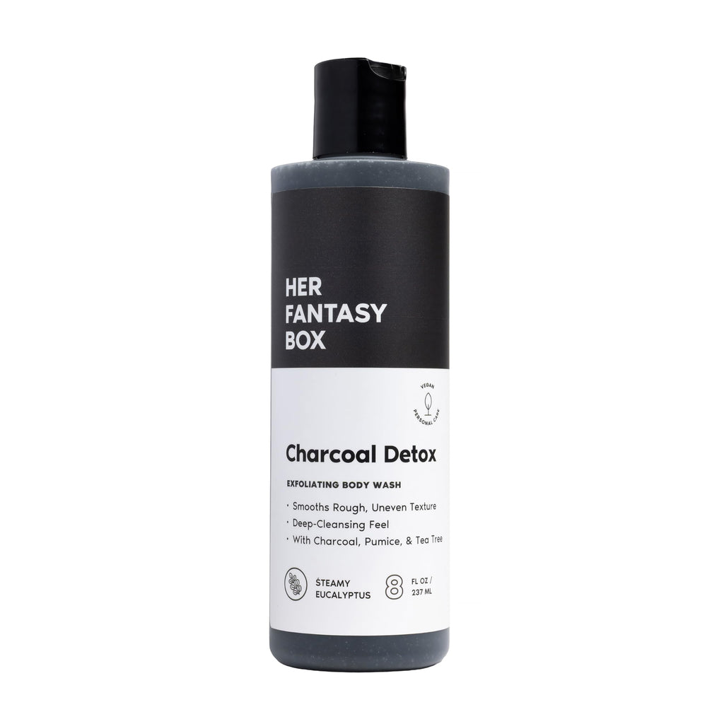 Her Fantasy Box | Charcoal Detox Exfoliating Body Wash – Activated Charcoal & Pumice Deep Cleanser with Tea Tree & Eucalyptus, Refreshing Exfoliation for Smoother Skin, Vegan & pH Balanced (8 oz)