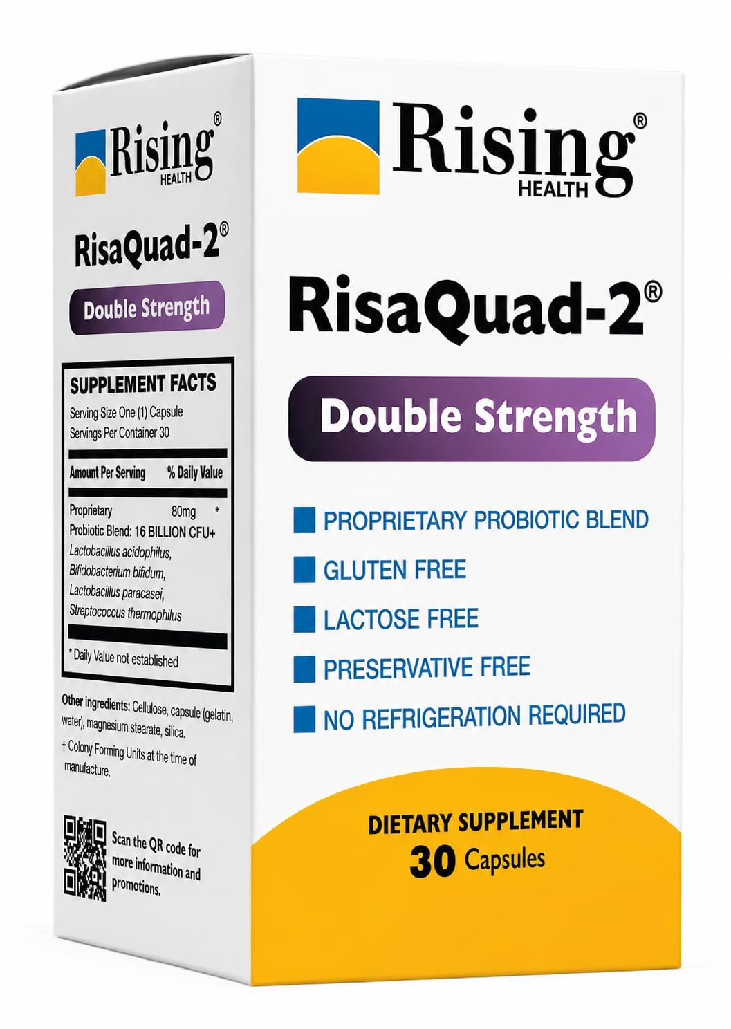 Rising Health RisaQuad-2™ Double Strength Probiotic Capsules – 80mg (16 Billion CFU+) Proprietary Probiotic Blend for Daily Digestive & Gut Health Support | No Need for Refrigeration - 30 Capsules
