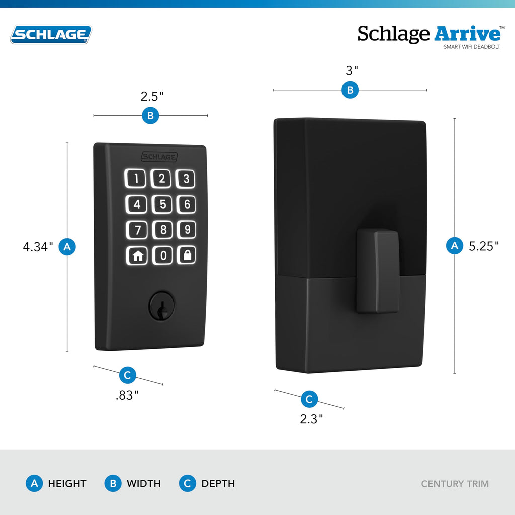 Schlage Arrive Smart Wi‑Fi Deadbolt Lock with Keypad, Keyless Entry Front Door Lock, App Control, Alexa and Google Home Compatible, Matte Black, BE459WB CEN 622
