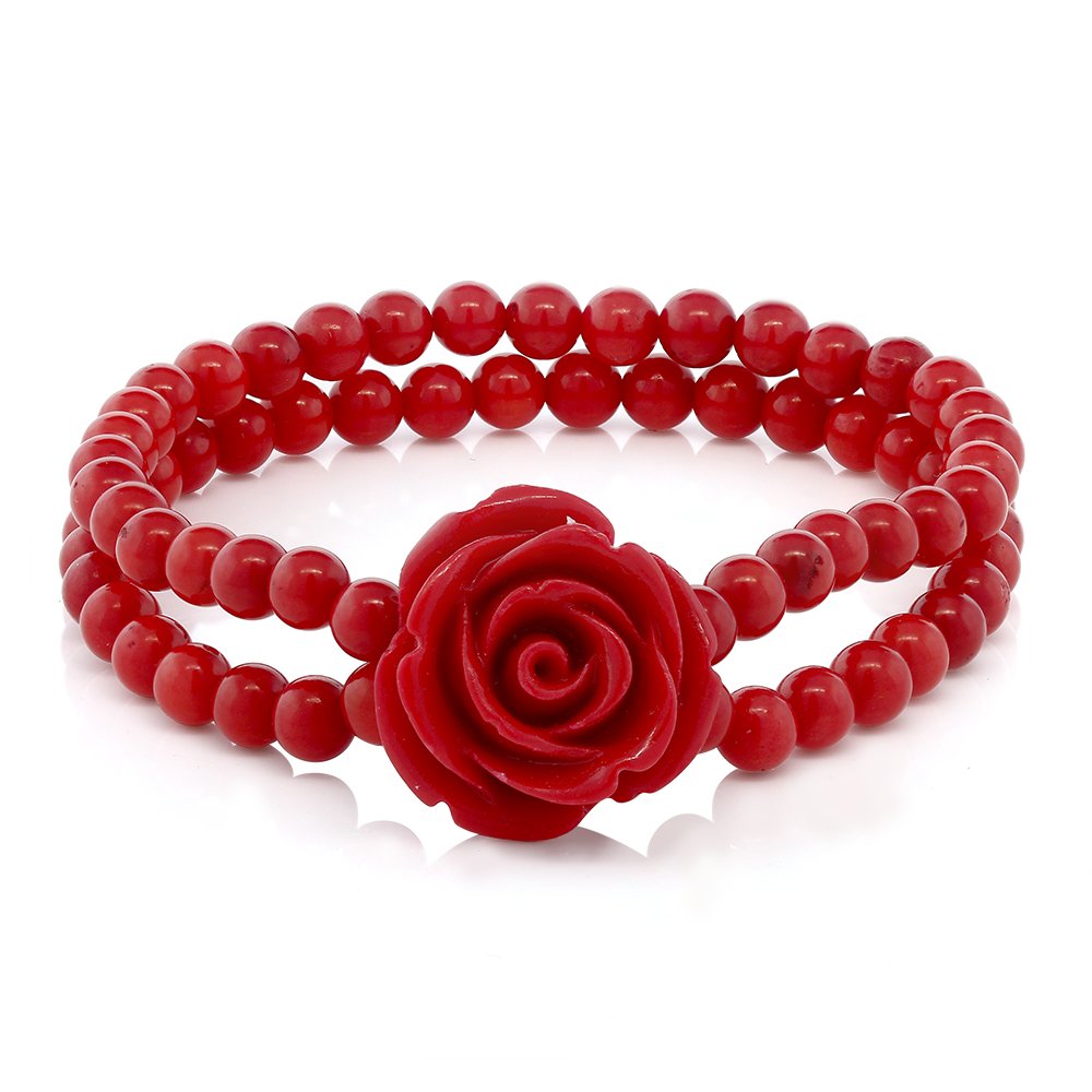 Gem Stone King 7 Inch Red Simulated Coral Bead Rose Flower Stretch Bracelet For Women 5mm