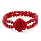 Gem Stone King 7 Inch Red Simulated Coral Bead Rose Flower Stretch Bracelet For Women 5mm