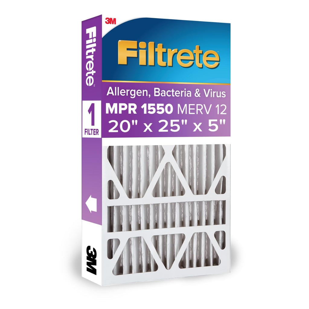 Filtrete 20x25x5 Air Filter MERV 12, MPR 1550 Certified Asthma & Allergy Friendly 1-Pack, Fits Trion AirBear, AC Furnace HVAC Filters, Pleated Electrostatic (Actual Size 19.56 x 24.13 x 4.75 in)