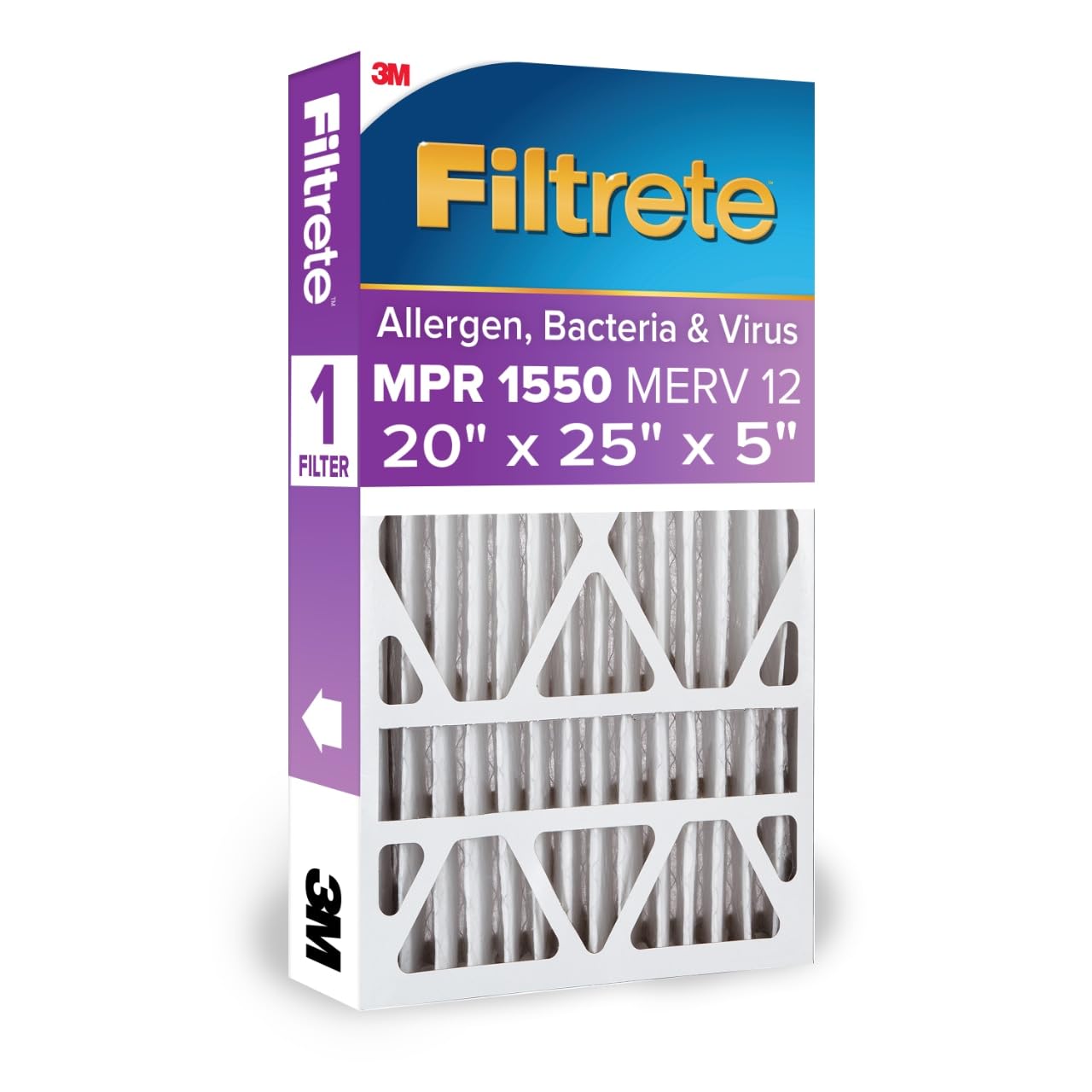 Filtrete 20x25x5 Air Filter MERV 12, MPR 1550 Certified Asthma & Allergy Friendly 1-Pack, Fits Trion AirBear, AC Furnace HVAC Filters, Pleated Electrostatic (Actual Size 19.56 x 24.13 x 4.75 in)
