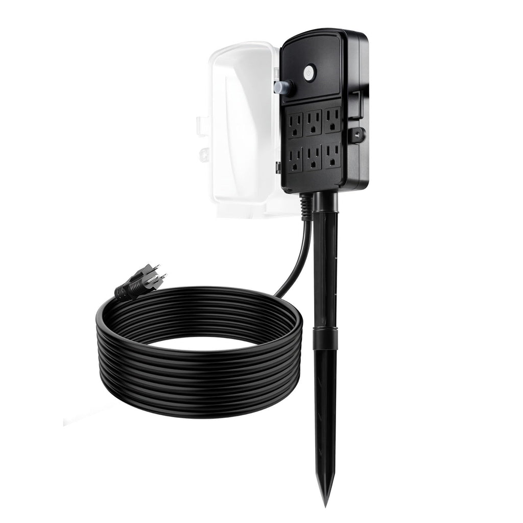 VEVOR Outdoor Power Stake, 15 FT Extension Cord, Outdoor Power Strip Weatherproof with Cover and Overload Protection, 6 Outlets, 15A/1875W, Waterproof Multi-Outlet Yard Stake for Christmas Lights