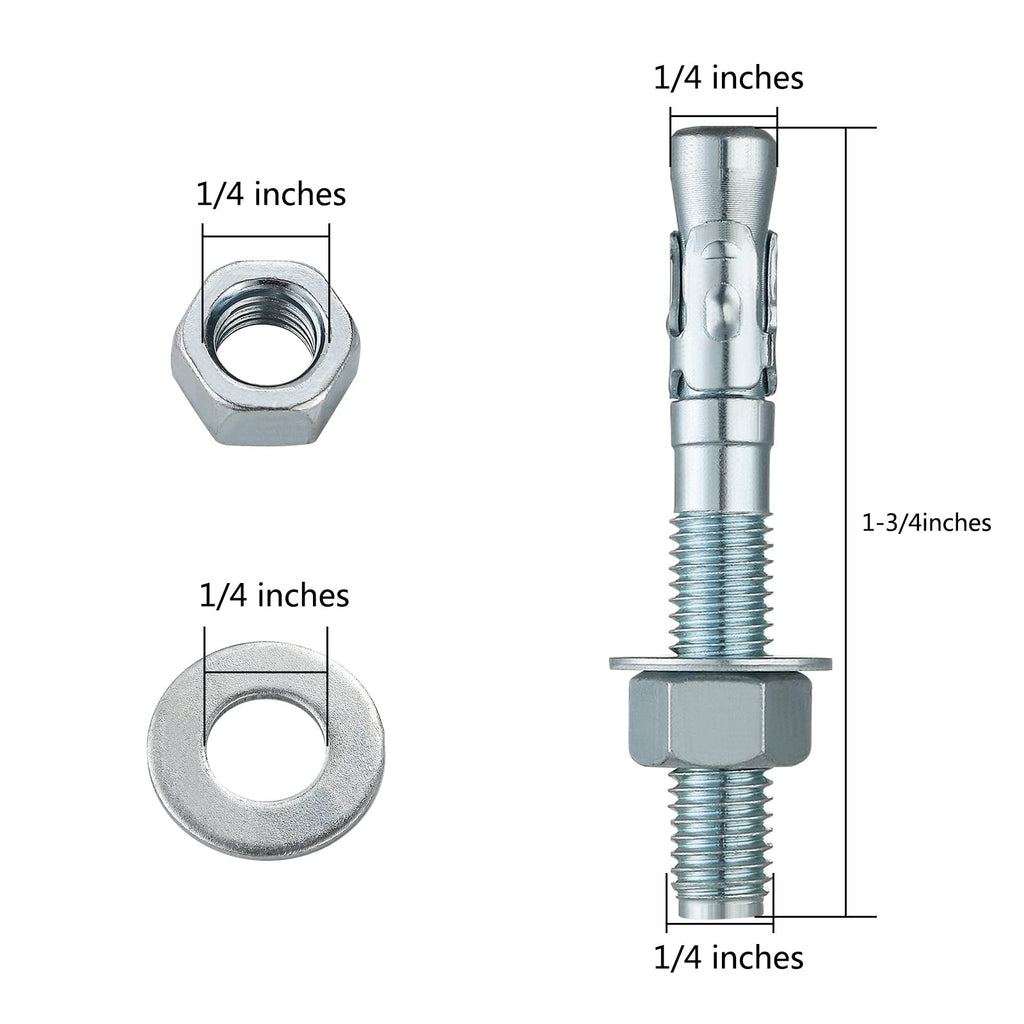 Wensilon 1/4x1-3/4" 50Pcs Inch Standard Fasteners for Heavy-Duty Zinc Wedge Anchors for Cement and Concrete