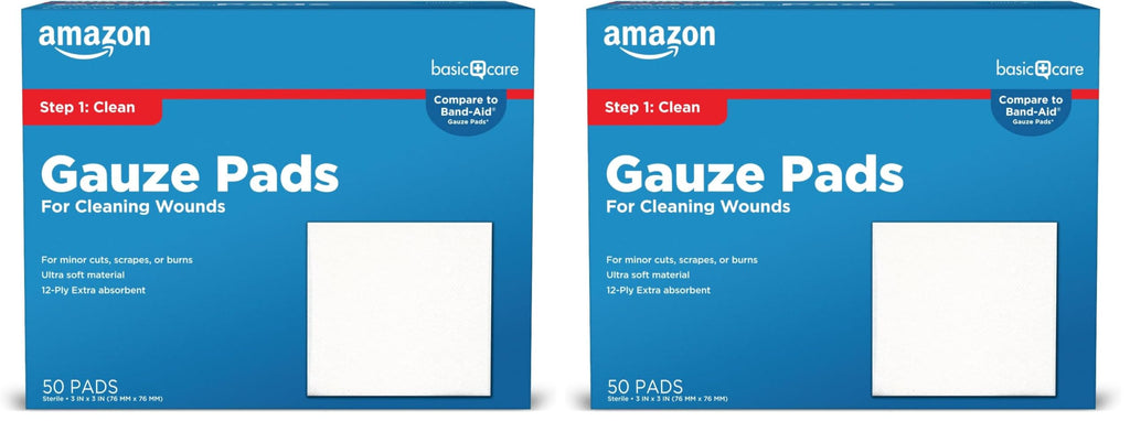 Amazon Basic Care Gauze Pads, 3x3 inches Sterile Medical Wound Dressing Sponges, 12-Ply, Ultra Soft, Extra Absorbent, 50 Count, (Previously All Health) (Pack of 2)