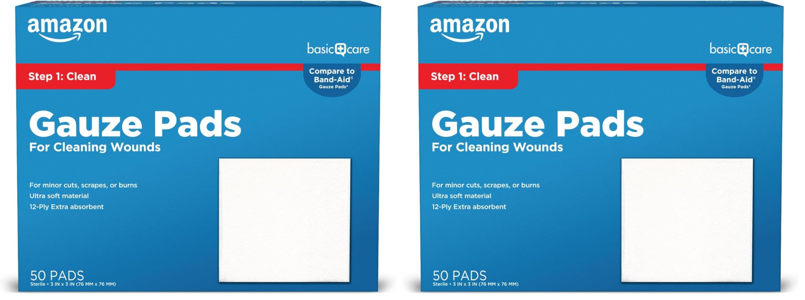 Amazon Basic Care Gauze Pads, 3x3 inches Sterile Medical Wound Dressing Sponges, 12-Ply, Ultra Soft, Extra Absorbent, 50 Count, (Previously All Health) (Pack of 2)