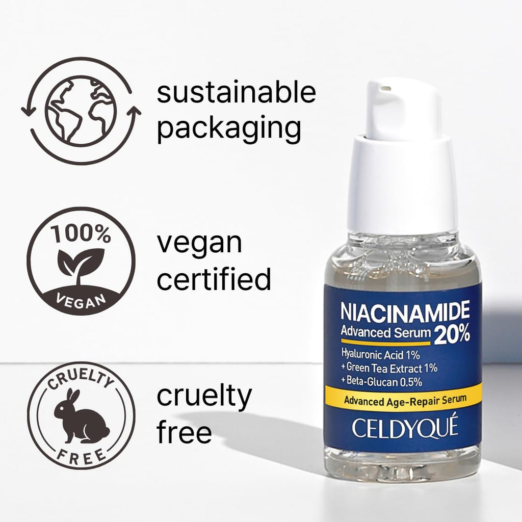 CELDYQUE Niacinamide Advanced 20% Face Vegan Serum w/Vitamin B3 Green Tea Beta-Glucan Damask Rose 63% No-Scent Even Skin Tone Minimize Pores Plump Fine Lines 2 Fl Oz
