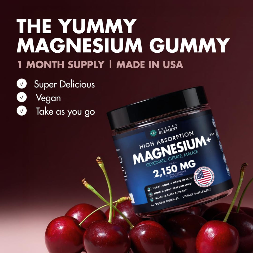 Magnesium Gummies 3in1 - Glycinate, Citrat, Malate 2150 MG High Absorption Supplement, Sugar-Free, Vegan, Chews for Men & Women, Inspired by Wellness Traditions Like Arjuna, 60 Gummies, Cherry Flavor
