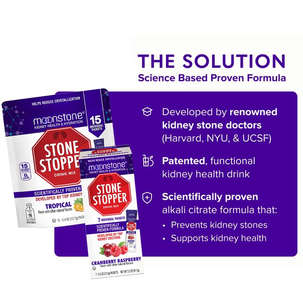 Moonstone Stone Stopper Drink Mix, Cranberry Raspberry, Kidney Stone Prevention, Calcium Oxalate Protector, Developed by Urologists to Improve Hydration and Support Kidney Health, 30 Day Supply