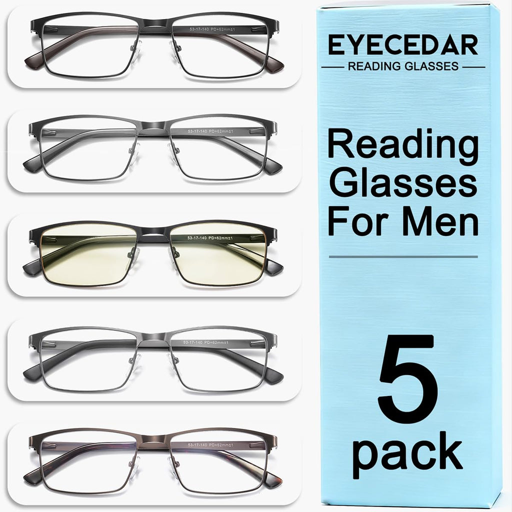 EYECEDAR 5 Pack Reading Glasses Men Metal Spring Hinges with Blue Light Blocking Eyeglasses Computer Readers for Men 1.5