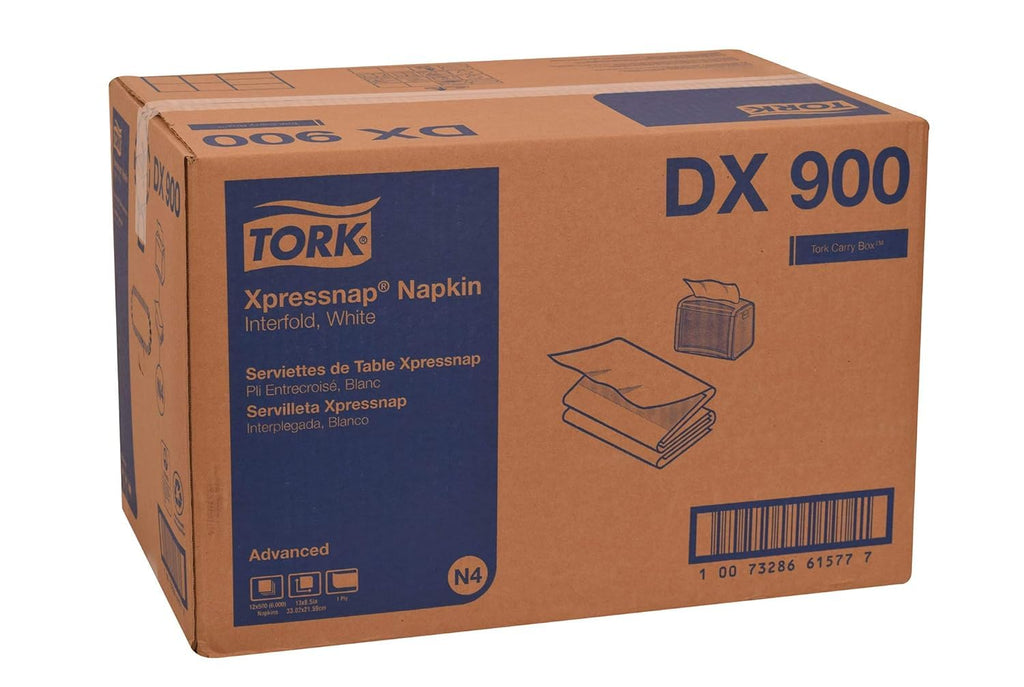 Tork Xpressnap White Dispenser Napkins N4 Advanced Interfold 1-Ply for Hygienic Dispensing 12 Packs of 500 (6000 Total) - (DX900)