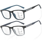 DEHOTRE 2 Pack Progressive Multifocus Reading Glasses Men Unbreakable TR90 Frame Temple Large Size Readers with Metal Inlays Multifocal Lens Blue Light Blocking Black & Blue 1.75