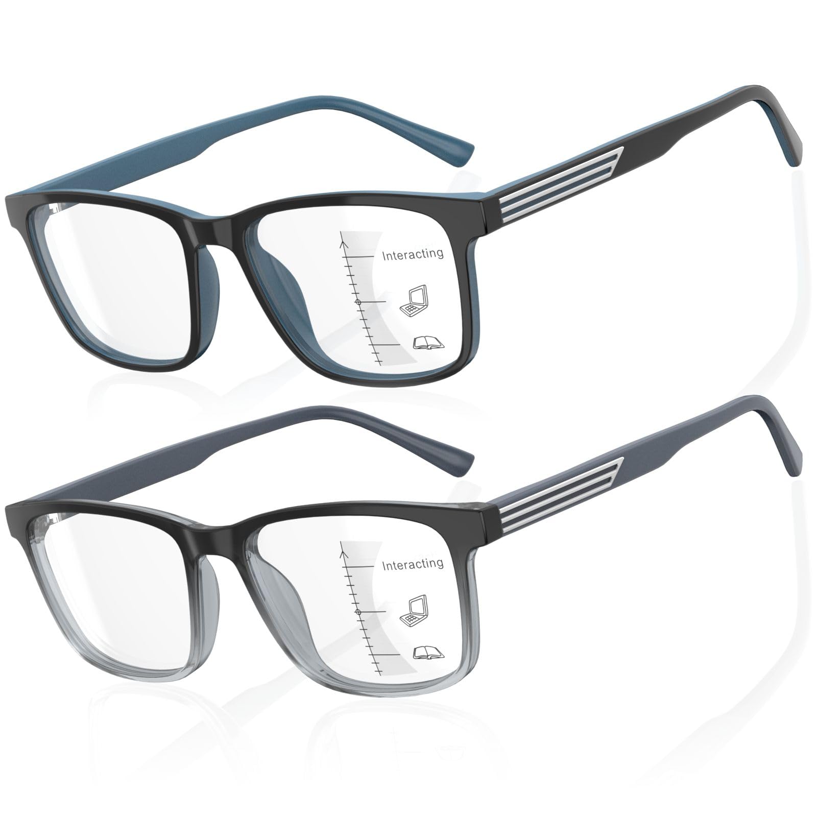 DEHOTRE 2 Pack Progressive Multifocus Reading Glasses Men Unbreakable TR90 Frame Temple Large Size Readers with Metal Inlays Multifocal Lens Blue Light Blocking Black & Blue 1.75