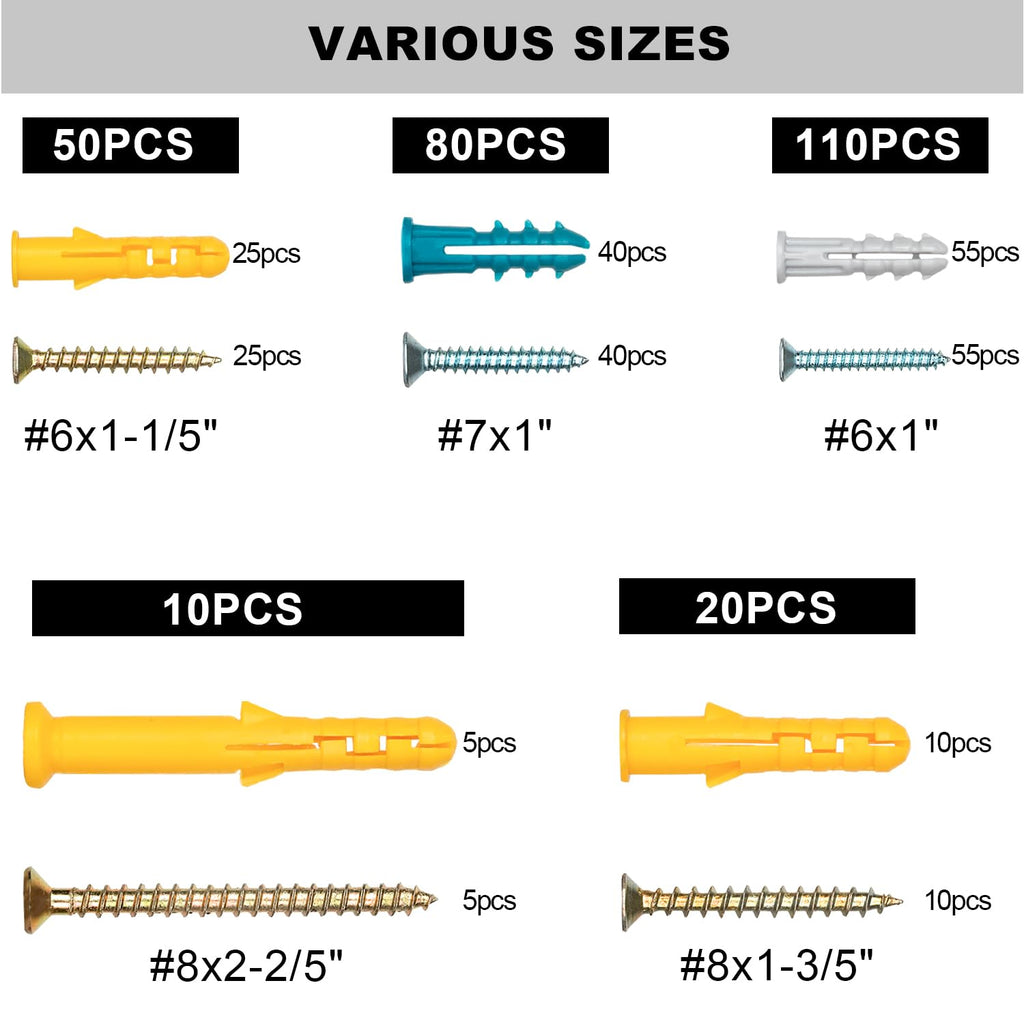 KURUI Drywall Anchors and Screws Assortment Kit, 270Pcs Dry Wall Anchors