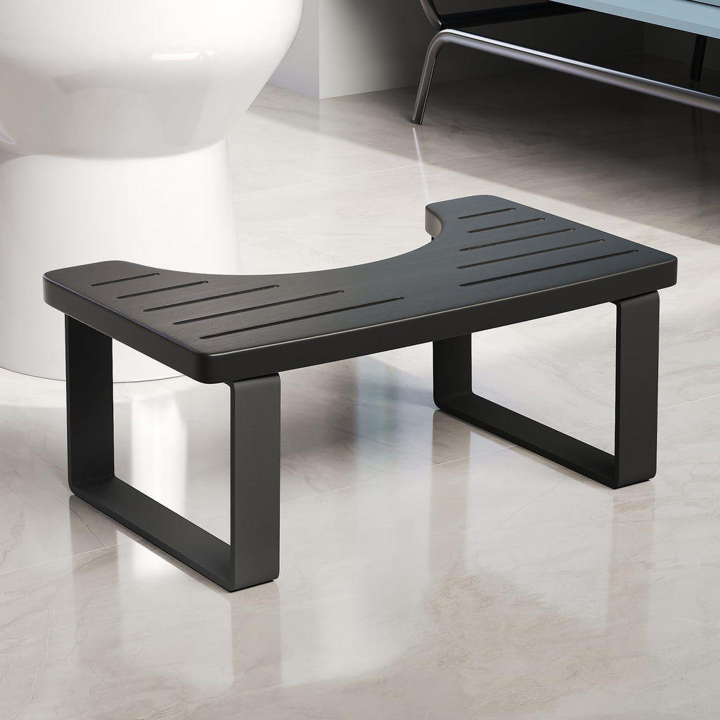 Squatting Potty for Adults, 7in Wooden Poop Stool Adult, Matte Black Bamboo Toilet Stool Squat, Wood Pooping Stool for Bathroom, Toilet Foot Step for Kids with Non-Slip Mat