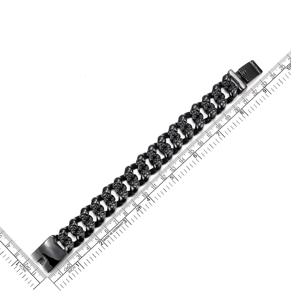 COOLSTEELANDBEYOND Men's Black Stainless Steel Skull Cuban Link Bracelet, Rugged Gothic Biker Chain, Heavy-Duty Jewelry, Secure Box Clasp