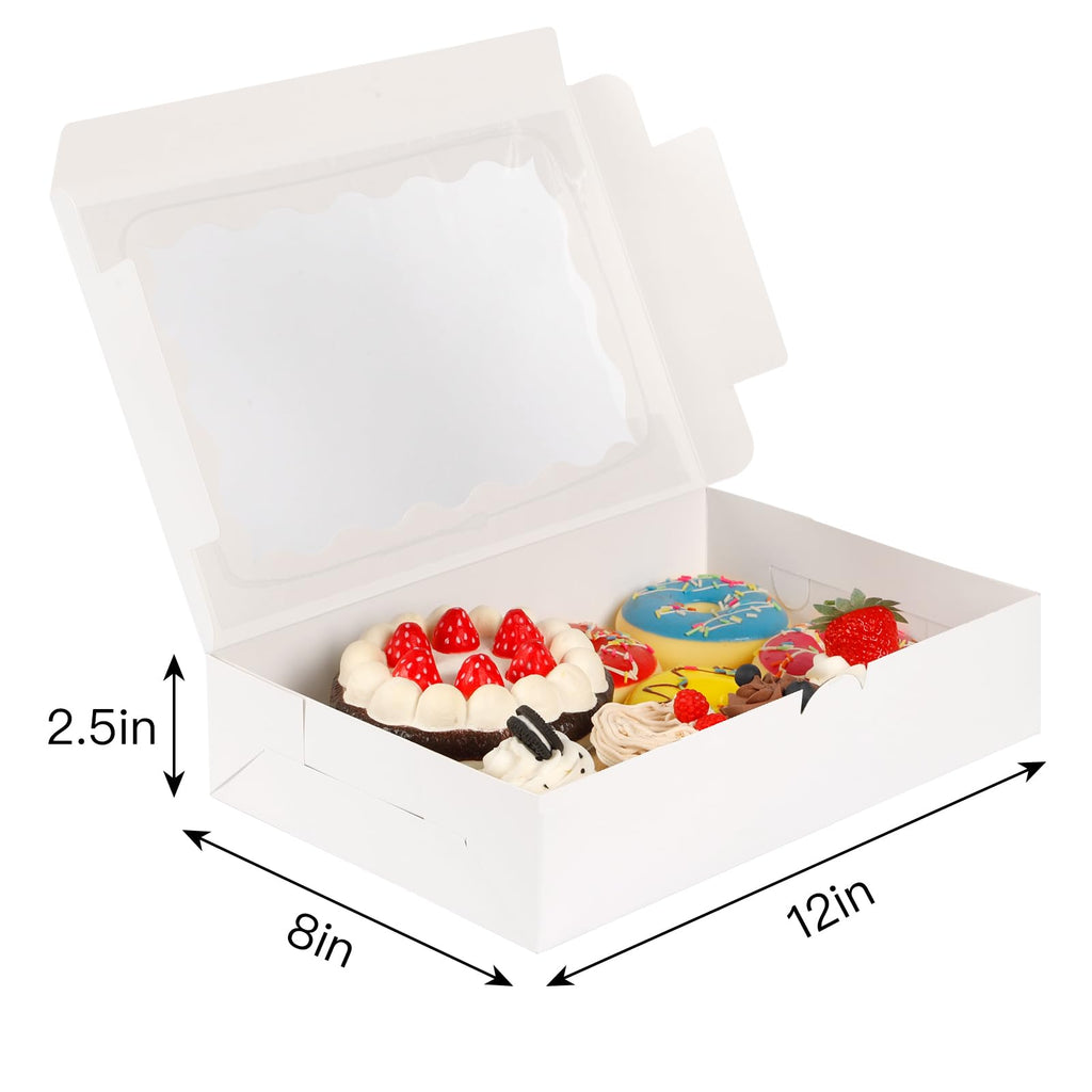 Moretoes 24pcs Bakery Boxes, 12x8x2.5 Inches,Treat Boxes with Window for Chocolate Covered Strawberries, Pastries, Cookies, Desserts, Donuts and Muffins