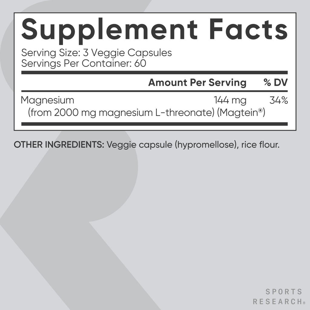 Sports Research® Magnesium L-Threonate Capsules 2000mg - High-Absorption Magtein® for Enhanced Brain Health, Memory, Focus & Restful Sleep Support - Vegan · Non-GMO · Gluten Free - 180 Count