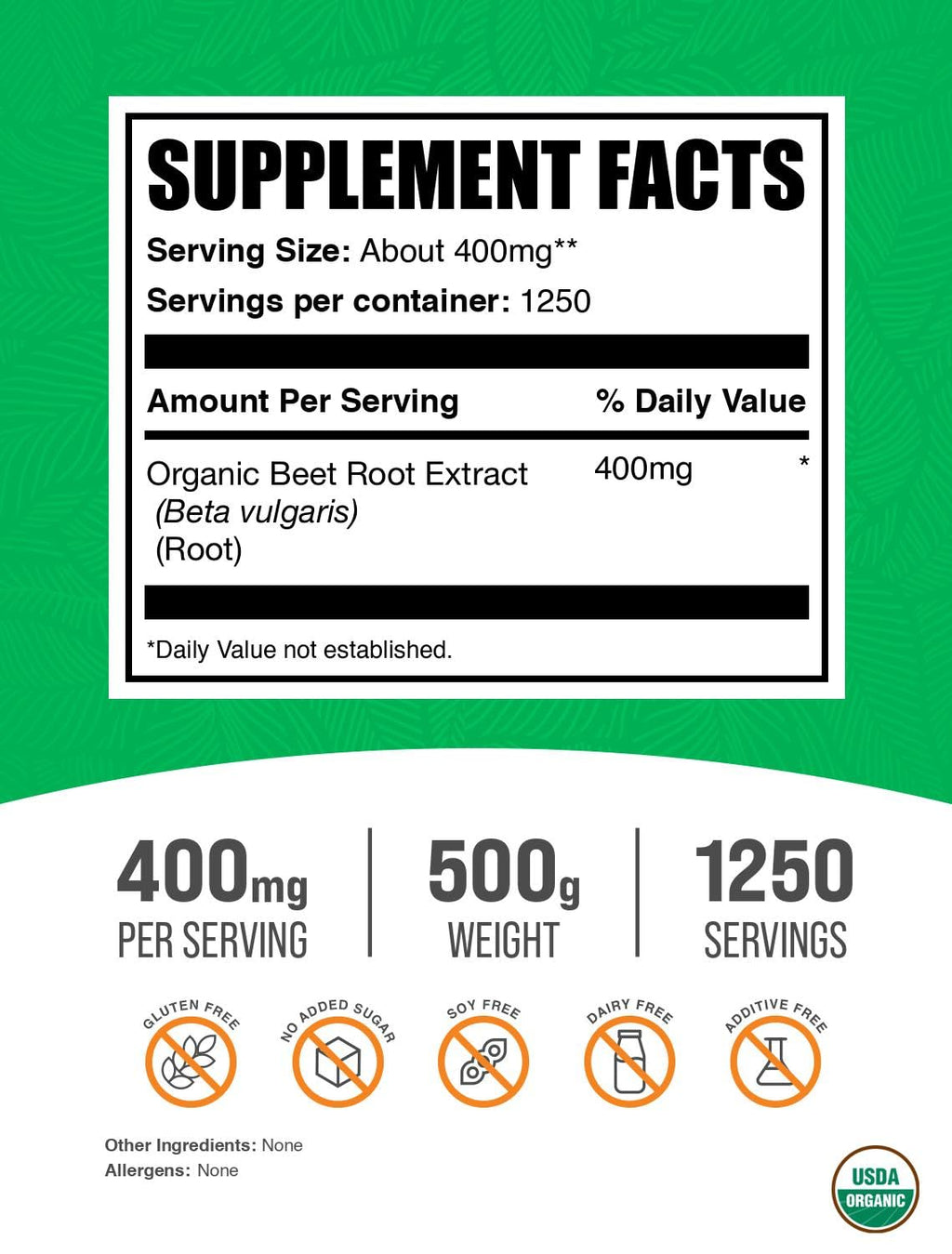BulkSupplements.comOrganic Beet Root Extract Powder - Beet Root Powder, Nitric Oxide Supplement - Vegan & Gluten Free, 400mg per Serving, 500g (1.1 lbs) (Pack of 1)