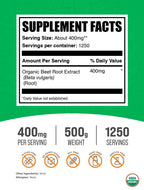 BulkSupplements.comOrganic Beet Root Extract Powder - Beet Root Powder, Nitric Oxide Supplement - Vegan & Gluten Free, 400mg per Serving, 500g (1.1 lbs) (Pack of 1)