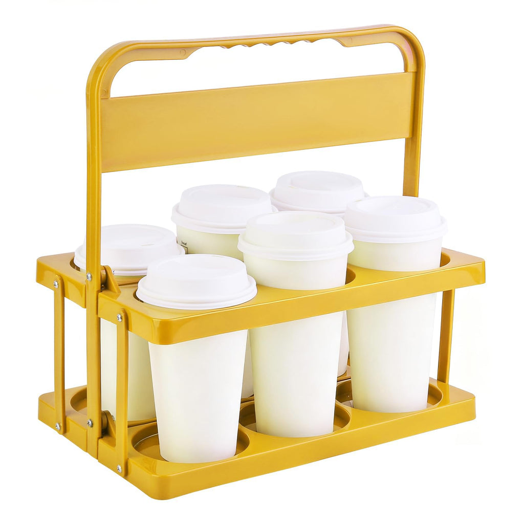 Bodaon 6 Cup Drink Carrier with Handle, Plastic Cup Holders for Take Out Delivery Drivers, Reusable Foldable Car Drink Caddy, Leakproof Food Delivery Accessories, 360° Secure Grip, Yellow