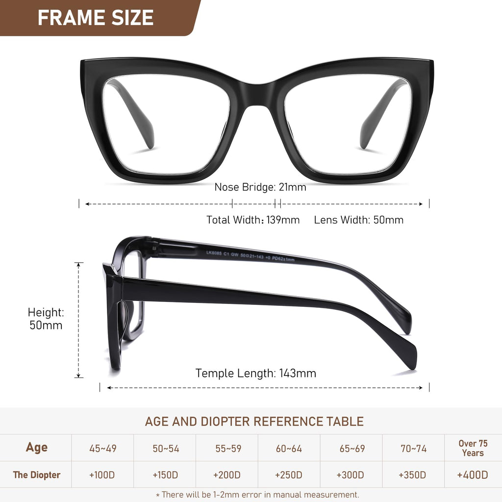 LKEYE Oversized Reading Glasses For Women Men Cat Eye Oprah Style Blue Light Blocking Computer Square Reader Designer Ladies Large Frame Fashion Spring Hinge Cute Eyewear LK6085 3 Pack +2.00 X