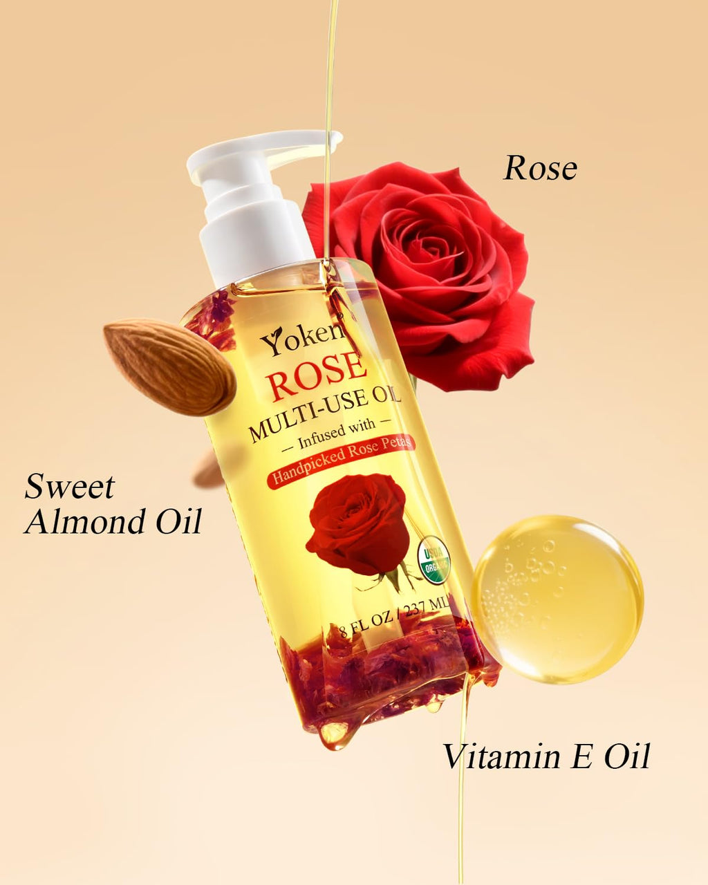 Multi-Used Body Oil For Skin USDA Certified,Face,Hair and Nails,Multi Purpose Organic oil With Rose Petals,Vitamin E & Almond Oil Nourishing & Hydrating ,Body Oil for Moisture & Skin After Bath Oil