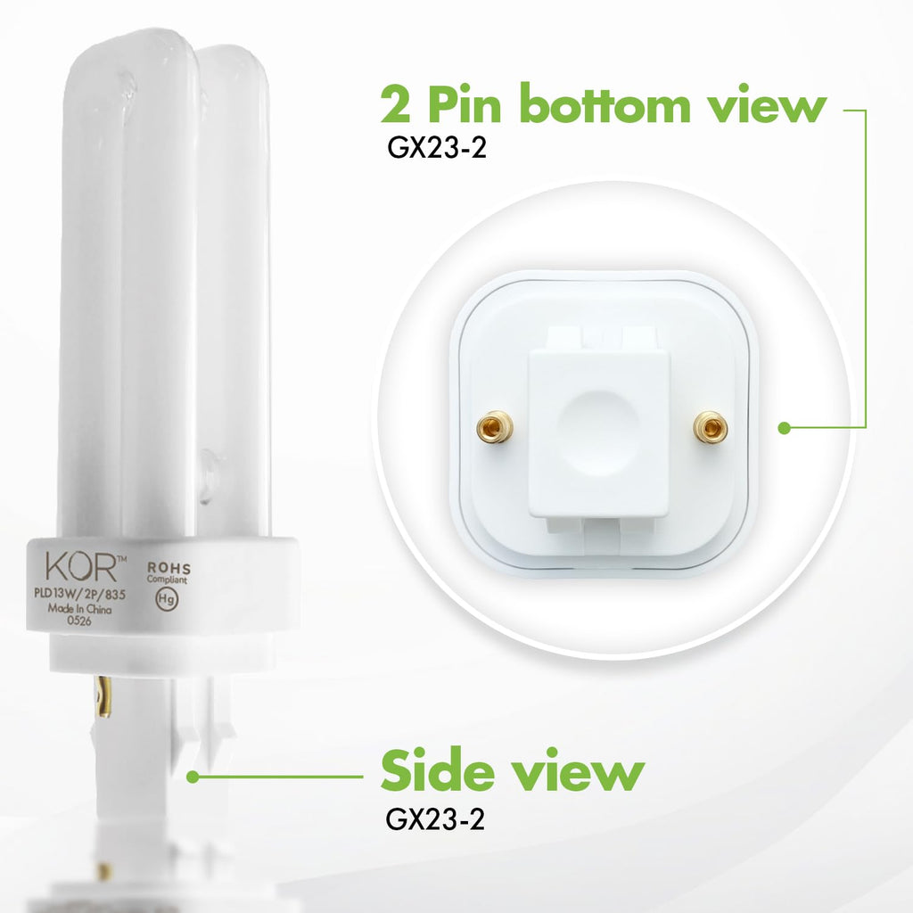 KOR - (4 Pack 13 Watt Double Tube - 2 Pin (GX23-2) Base - 3500K CFL-Plug-in Replacement for Sylvania 21117/20691 - CF13DD/827/ECO - GE 97588 - F13DBX23/835/ECO - Philips 383125 PL-C13W/35/USA/ALTO.