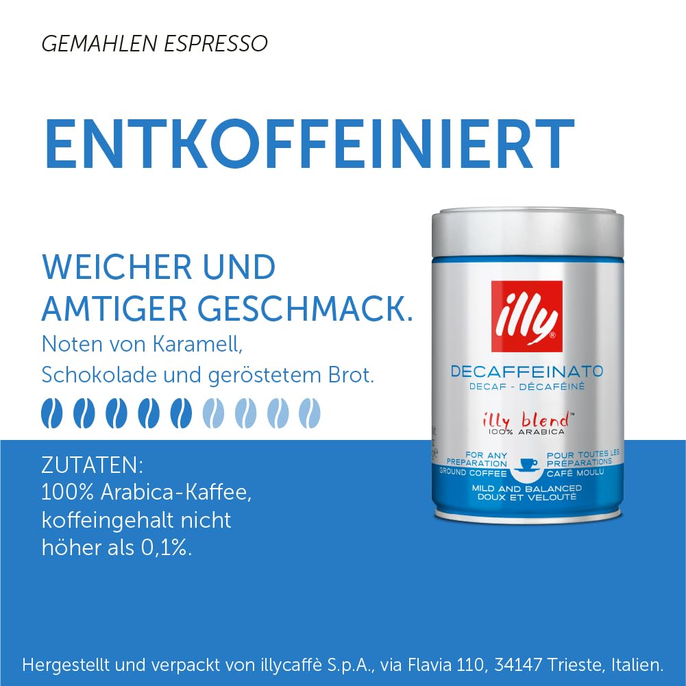 illy Decaf Ground Espresso Coffee, Classico Medium Roast, 8.8 oz