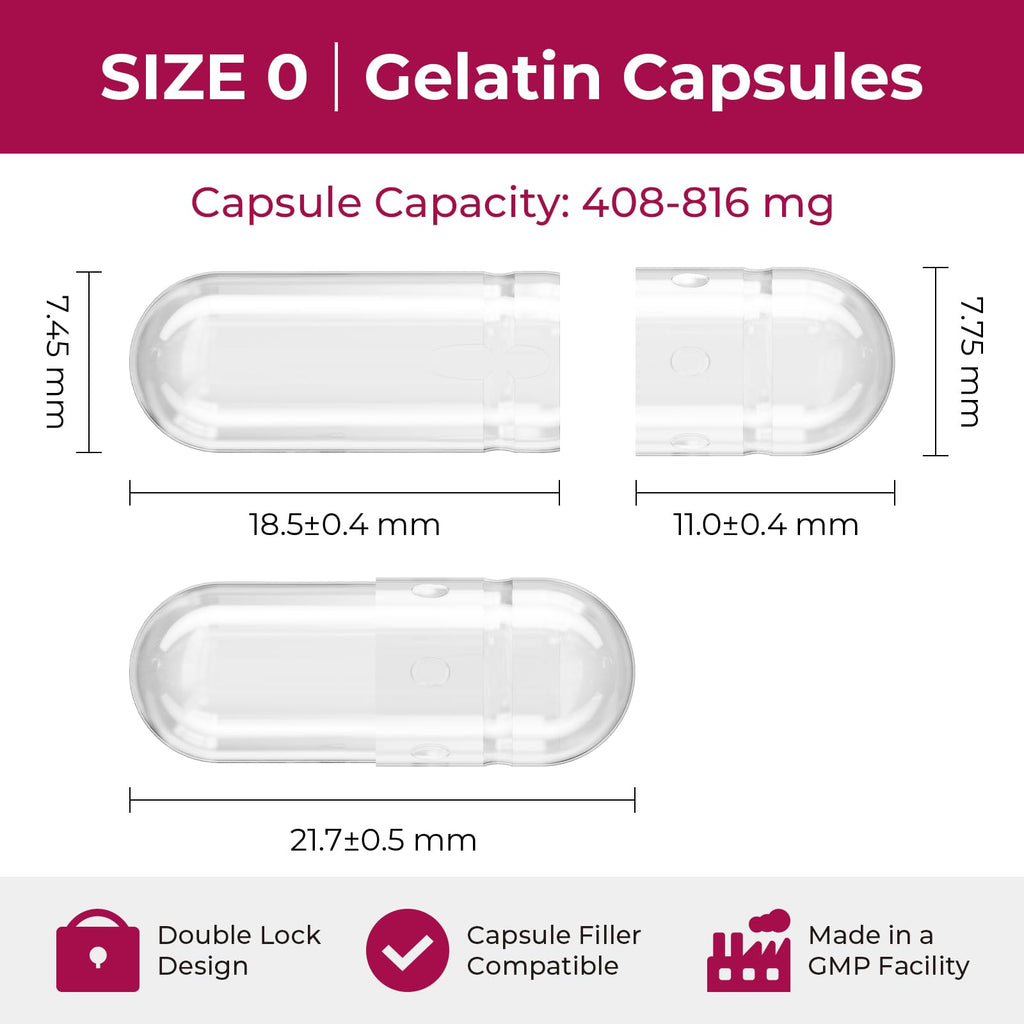 ATLEMISME Empty Gelatin Capsules Size 0 - Clear Empty Capsules 1000 Count - Kosher and Halal Pure Gelatin Pill Capsule - DIY Powder Filling - Fillable Gel Caps for Do-It-Yourself Supplements