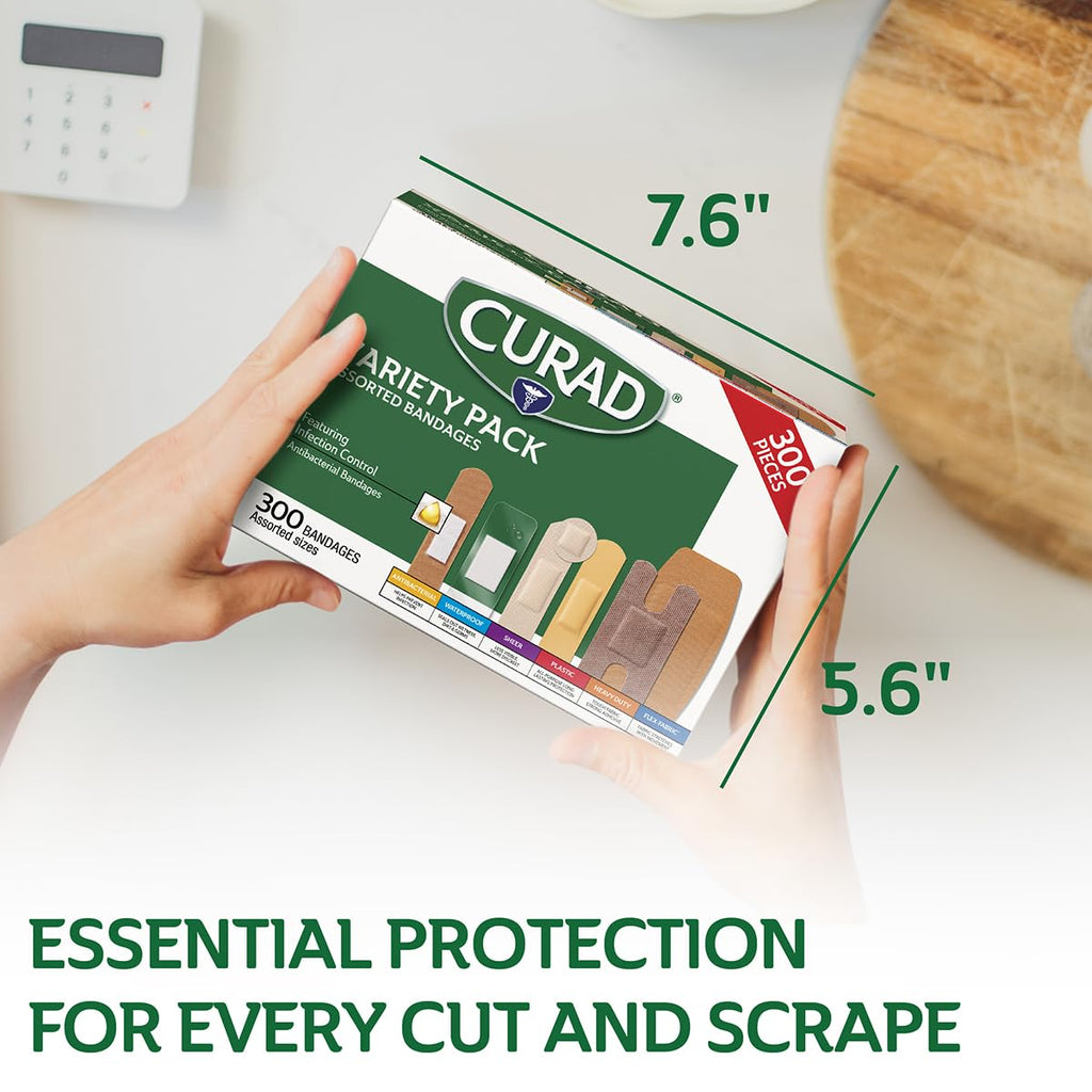 CURAD Assorted Bandages Variety Pack, 300 Count, 6 Styles Including Antibacterial Waterproof, Sheer, Plastic, Heavy Duty & Flex-Fabric, Protects Scrapes, Cuts & Burns, Latex-Free