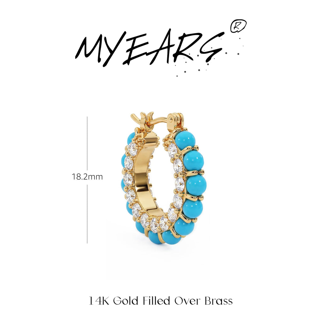 MYEARS Turquoise Hoop Earrings 14K Gold Plated Blue Beaded Cubic Zirconia Earrings Boho Summer Hypoallergenic Everyday Jewelry