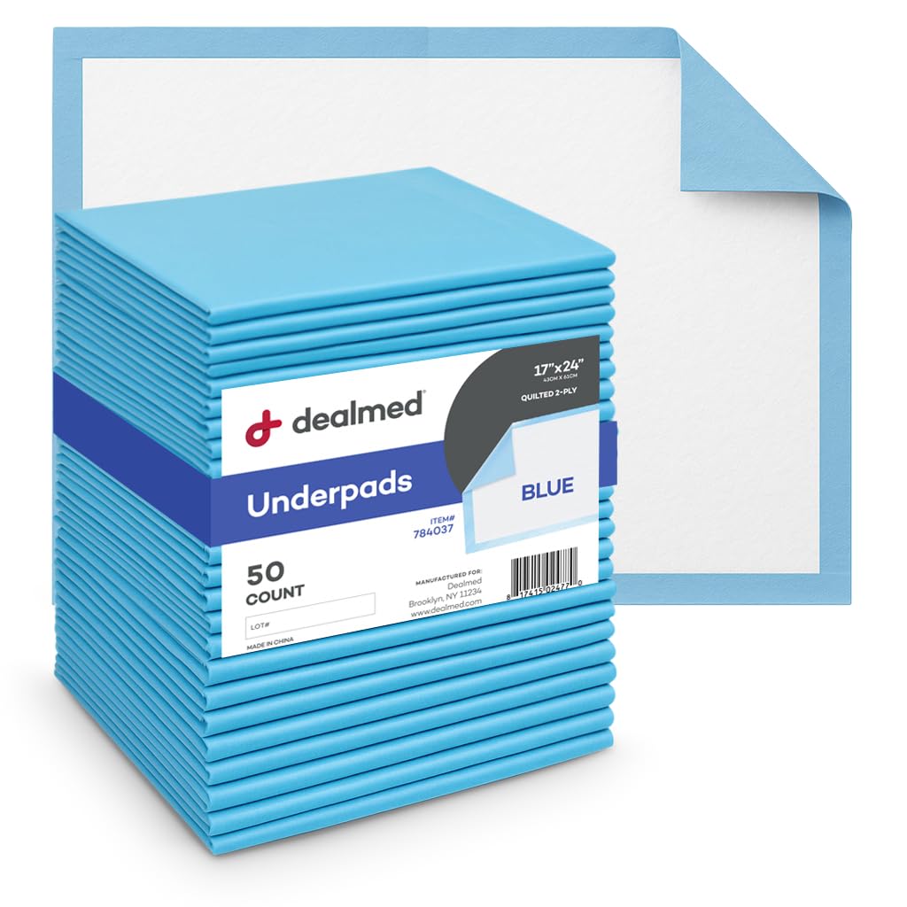 Dealmed Standard Absorbency Medical Underpads (50 Pads) Disposable 2-Ply Tissue Fill, 24" x 17", Blue, Perfect for Pet Pads, Furniture Protection, Liquid Accident and More, 50 Ct. (1 Pack)