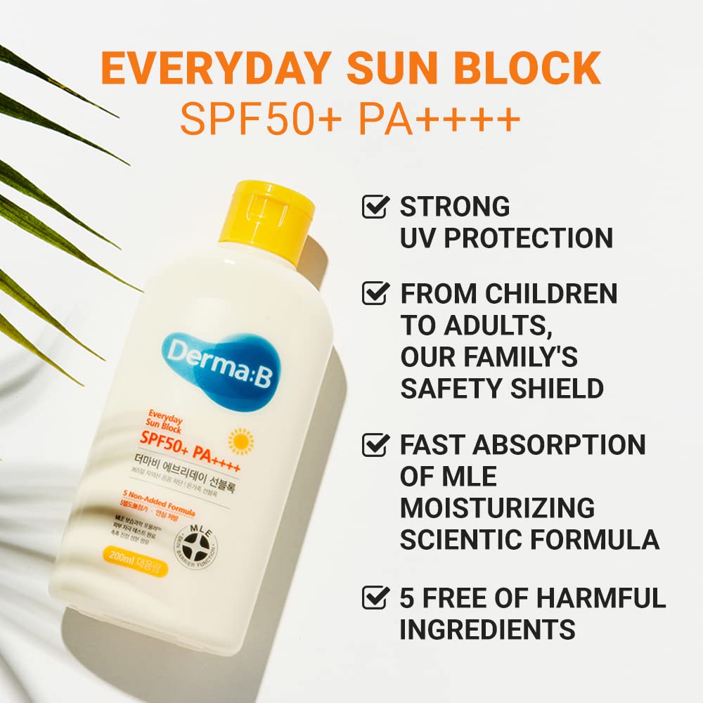 Derma B Everyday Sun Block Large Size Sunscreen SPF50+ PA++++ 6.71 Fl Oz, 200ml Fast-Absorbing Lightweight SPF Moisturizer, Facial Body Non-Sticky Sunscreen for Dewy Skin, Korean Sun Protection Lotion