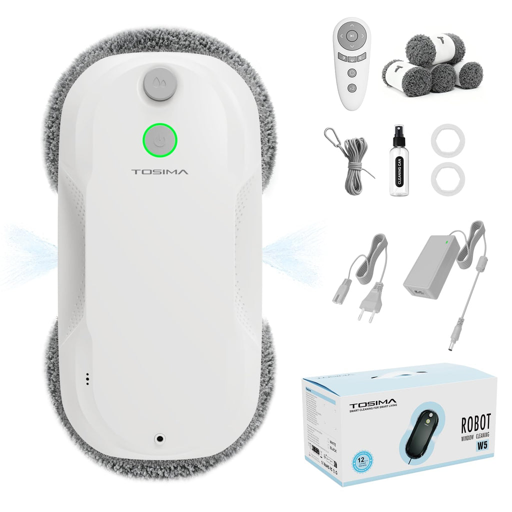 Tosima W5 Window Cleaning Robot, 6400Pa Max Adaptive Suction, Auto-Spray Smart Window Cleaner with Triple Safety System, Intelligent Navigation, Remote Control, for All Smooth Surfaces, White