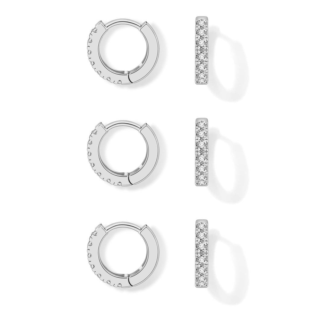 micuco 3 Pairs Small Silvertone Hoop Earrings for Women, 14K White Gold Plated Huggie Hoop Tiny Cartilage Cubic Zirconia Earrings for Men Diamond 8mm