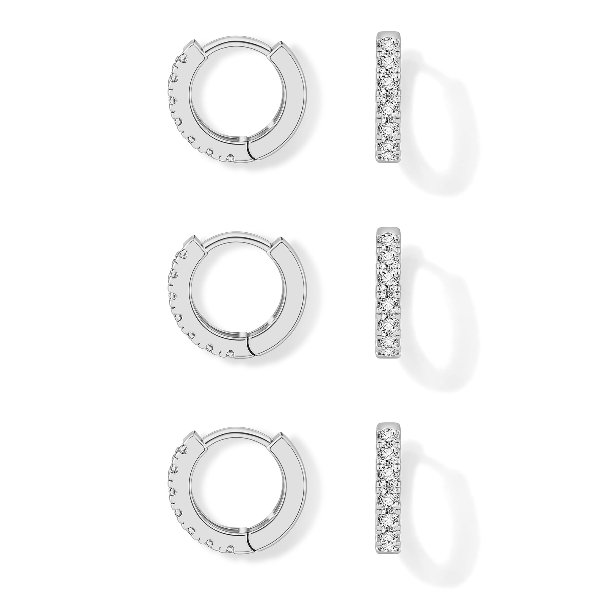 micuco 3 Pairs Small Silvertone Hoop Earrings for Women, 14K White Gold Plated Huggie Hoop Tiny Cartilage Cubic Zirconia Earrings for Men Diamond 8mm