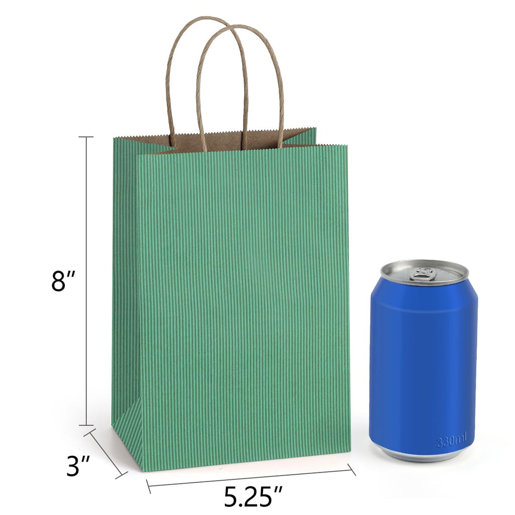 BagDream Kraft Paper Bags 100Pcs 5.25x3x8 Inches Small Kraft Gift Bags with Handles Bulk, for Shopping, Party Favor, Retail, Merchandise, Business, Green Striped Paper Sacks
