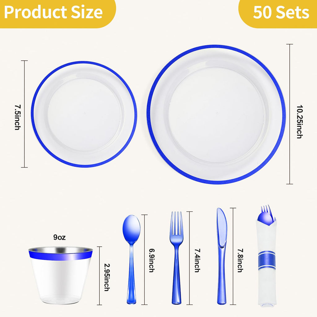 Goodluck 350 Pcs Clear Blue Plastic Plates Disposable for Party 50 Guests