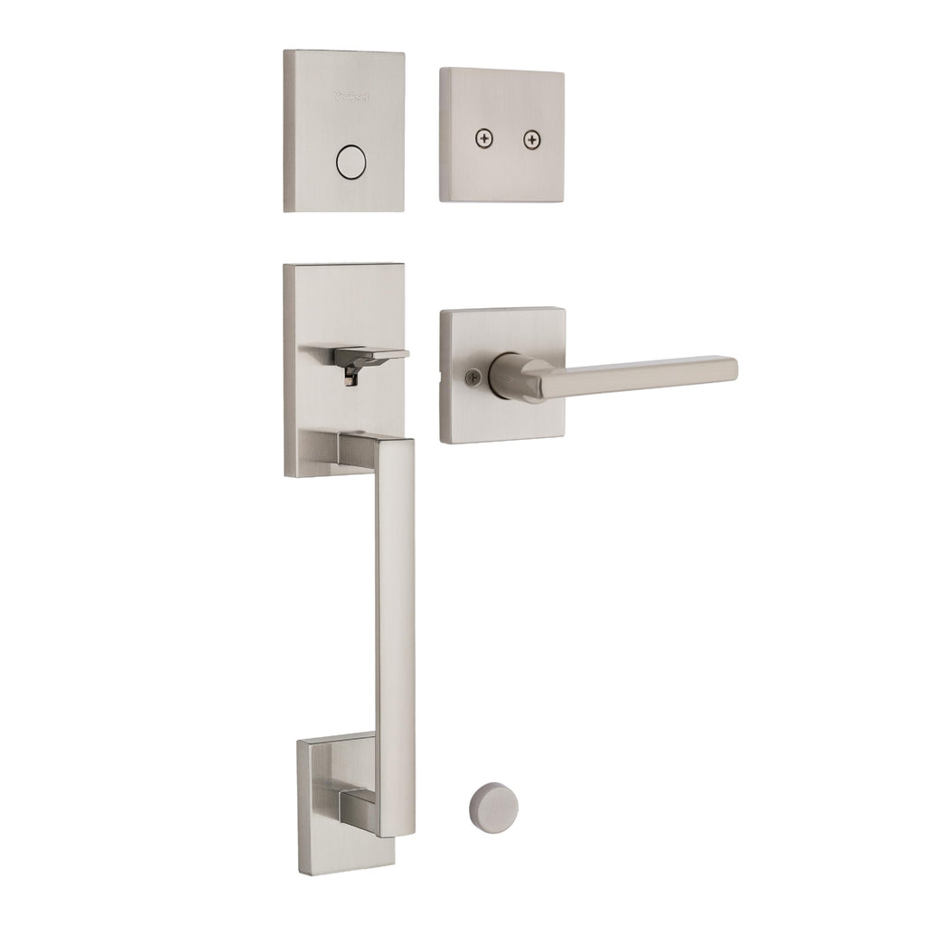 Kwikset San Clemente Non-Functioning Front Door Lock Handle, Inactive Deadbolt and Interior Door Handle, Dummy Handleset Exterior with Interior Reversible Lever, Satin Nickel with Microban Protection